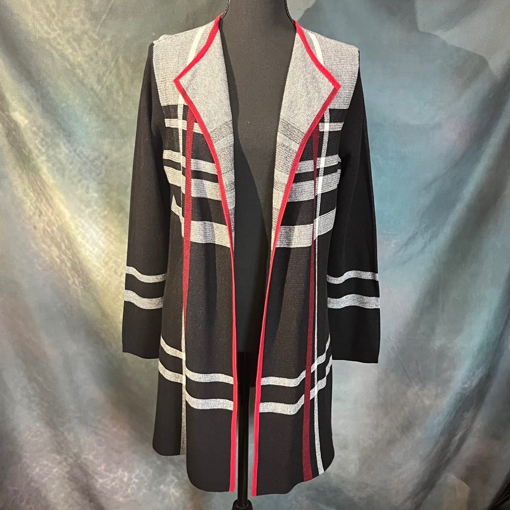 Anne Klein Open Front Cardigan Black‎ Gray Red Plaid Knit Women's Size S
